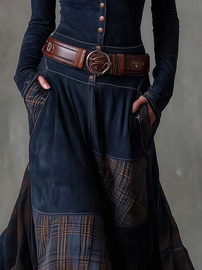 Vestido longo vintage de camurça azul-marinho com painéis xadrez (com cinto)