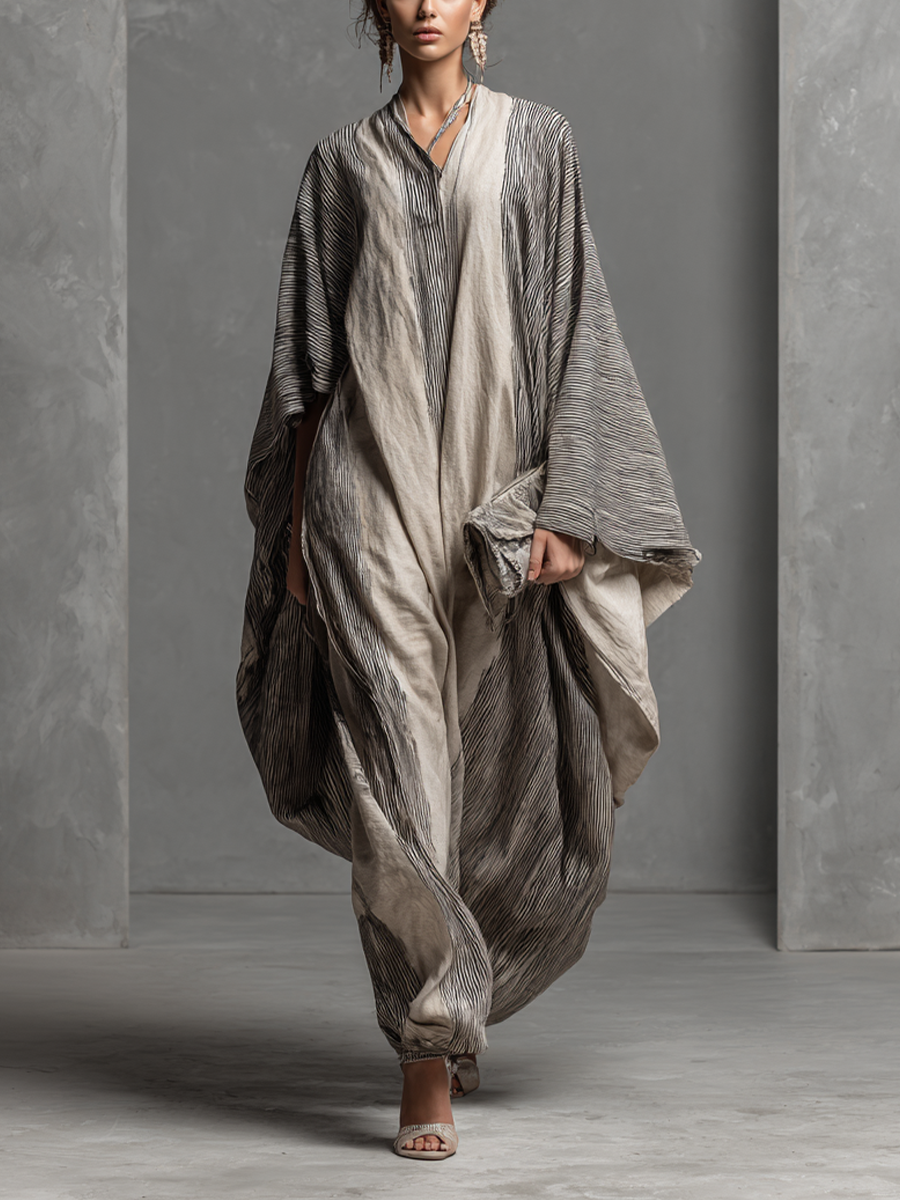 Vestido longo tipo kaftan feminino oversized, listrado, de algodão e linho, com decote em V e estilo boho