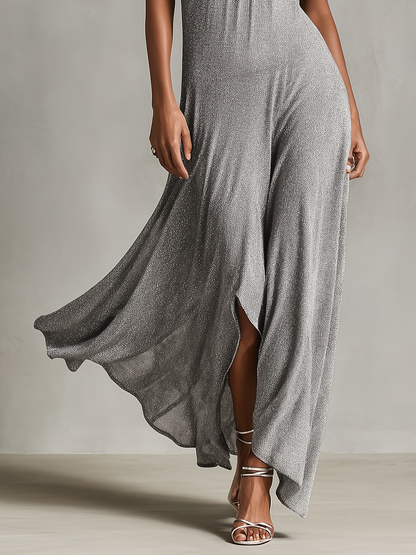 Women's Silver Metallic Knit Dress With Halter Neck & Asymmetric High-Low Hem, Timeless Evening-Glam Style Dress