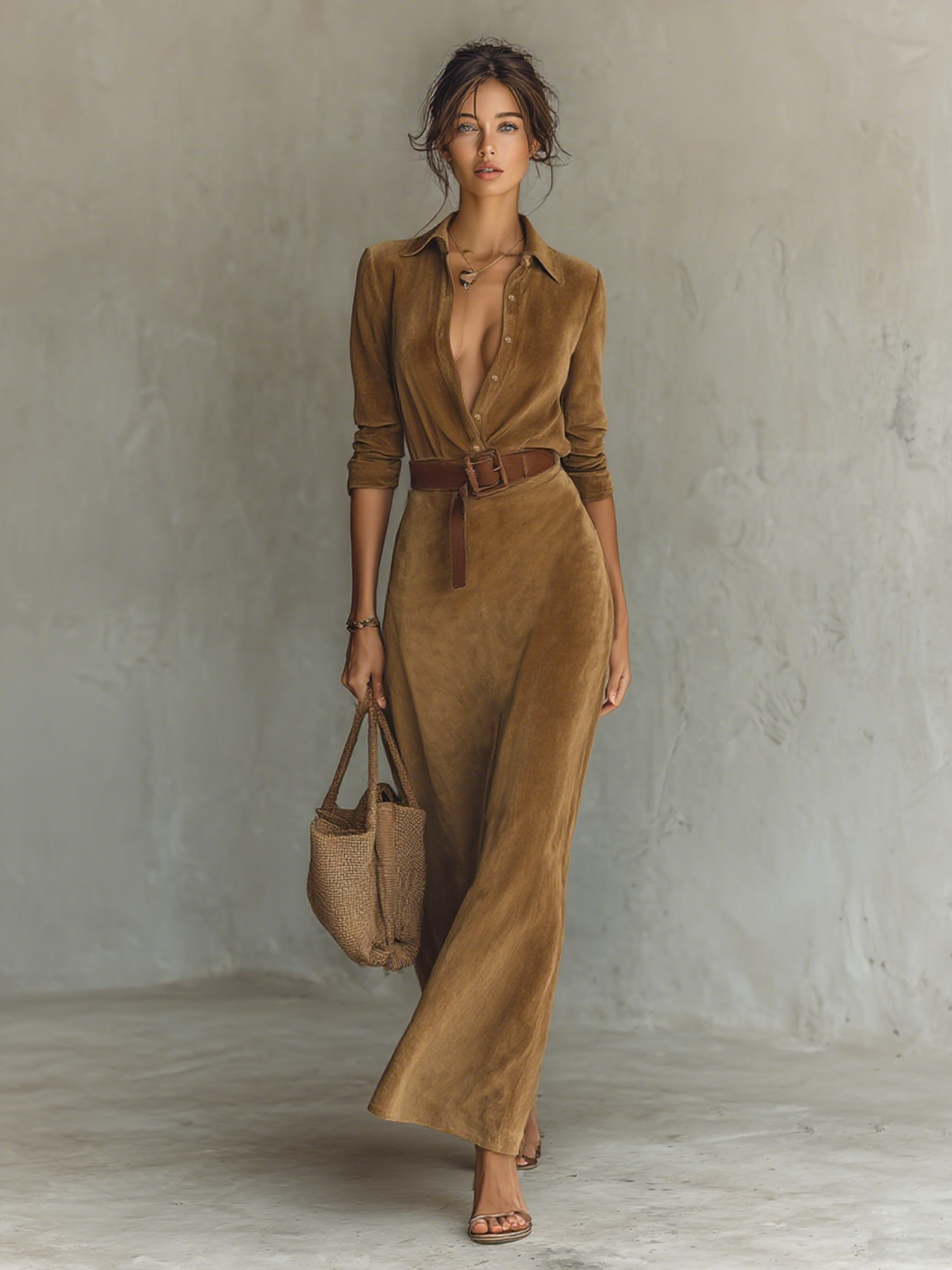 Damen-Maxikleid aus Wildleder mit einreihigem Revers und Gürtel