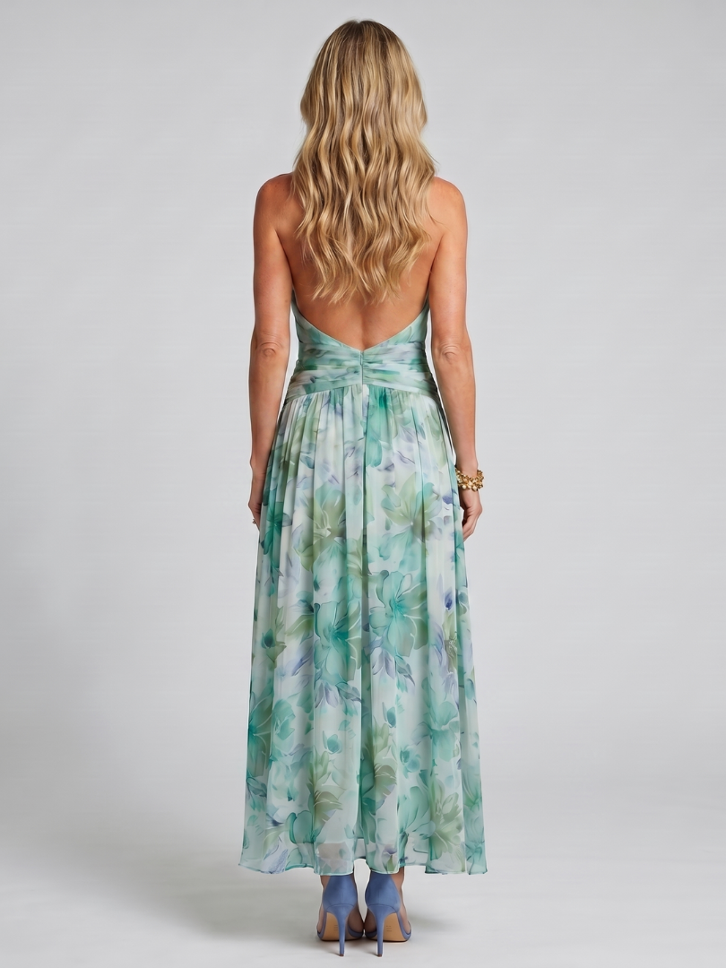 Portia | Vestido midi plisado con cuello halter y suave estampado floral