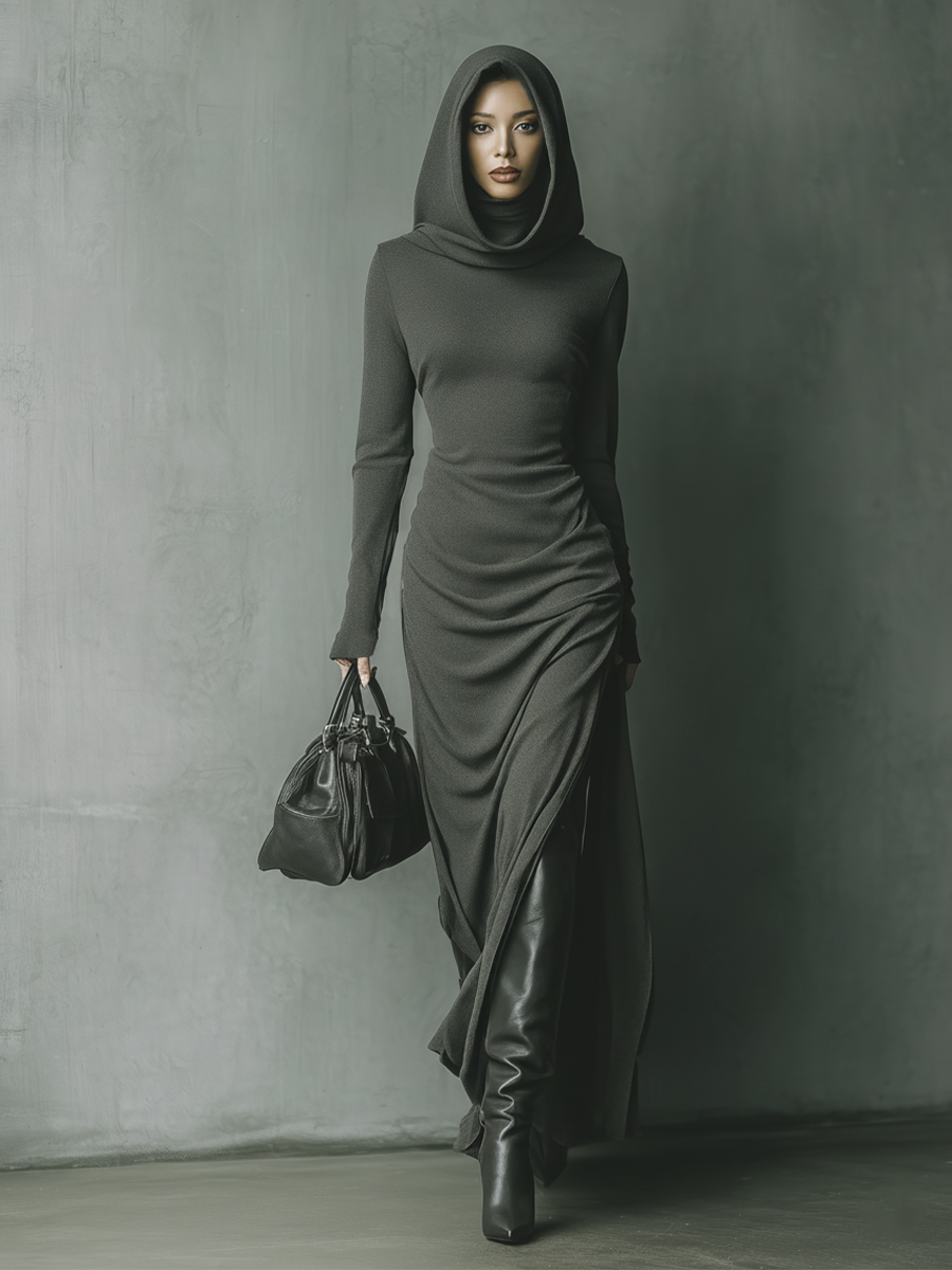 Vestido longo feminino de malha cinza-escuro com capuz e alta elasticidade