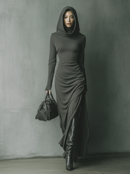 Vestido longo feminino de malha cinza-escuro com capuz e alta elasticidade