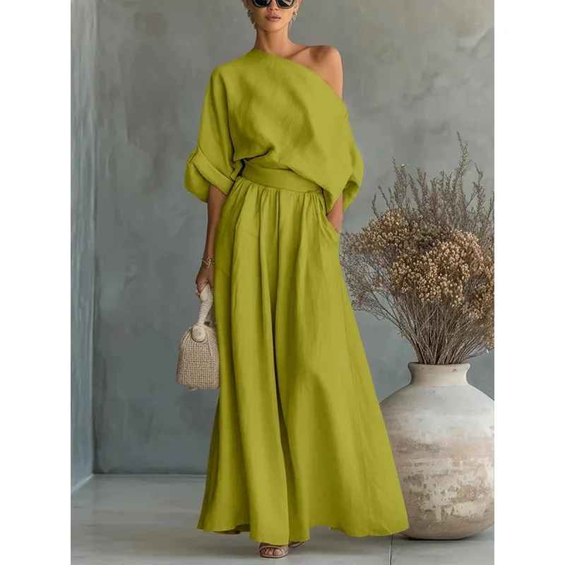 Lisa | Blødt off-shoulder sæt med top og tilspidsede bukser