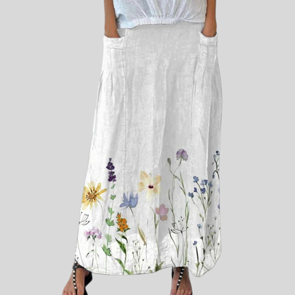 Aquarell-Druck „Spring Meadows“ – Leinenrock für Damen mit elastischem Bund und Taschen