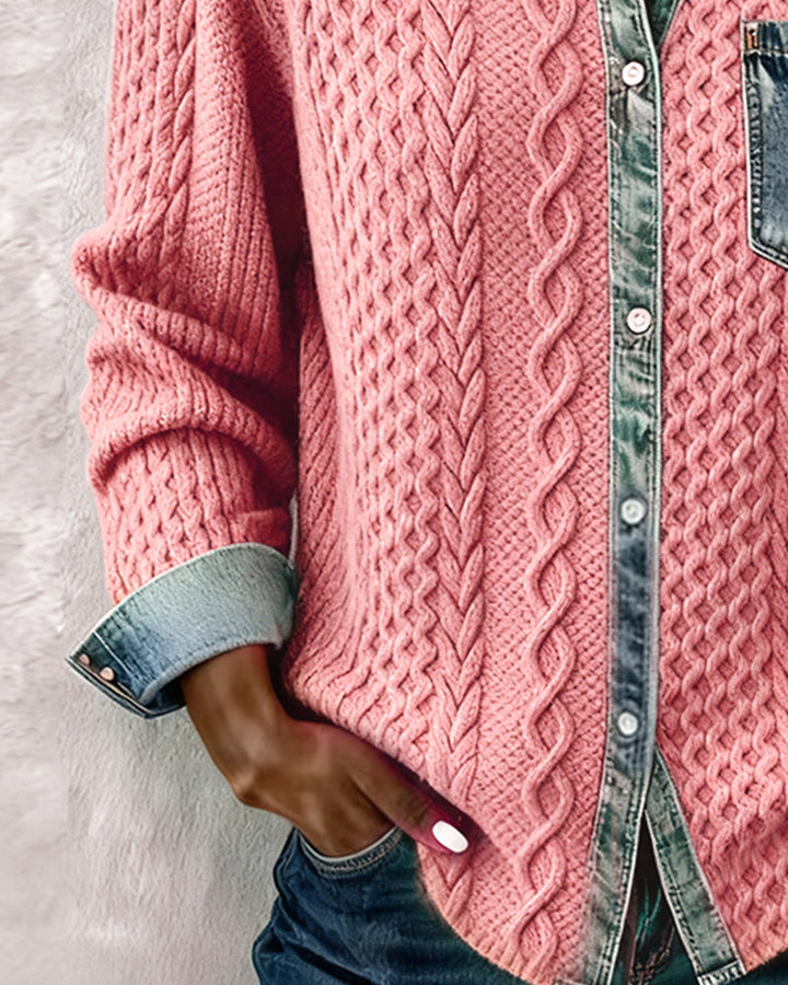 Camisa de Manga Longa com Patchwork em Denim