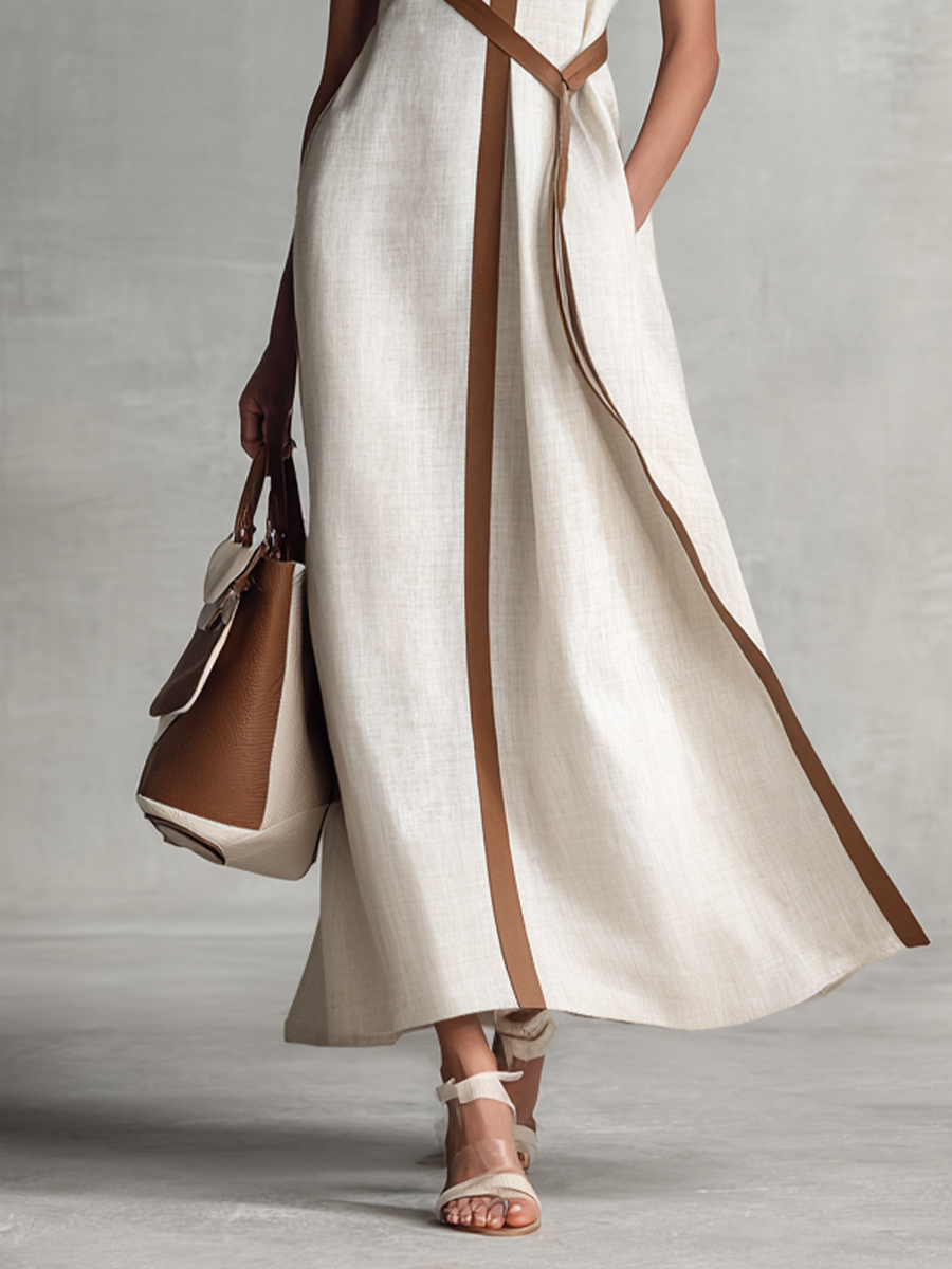 Vestido largo de algodón y lino para mujer, sin mangas, con escote en V y cintura ajustable con lazo