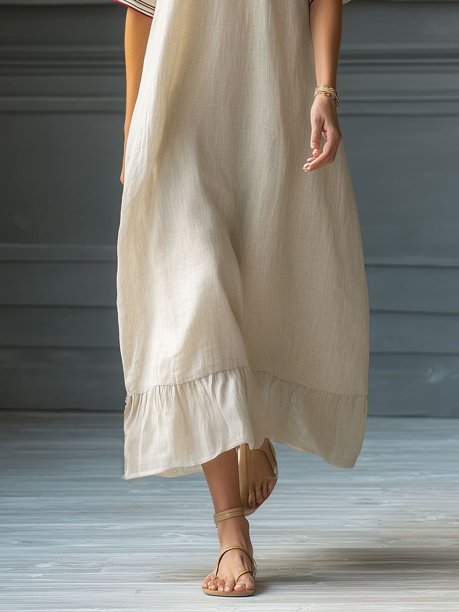 Vestido largo de lino y algodón beige para mujer, con ribete en contraste, escote en V y bajo con volantes