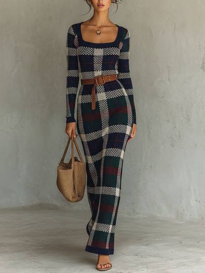 Vestido feminino minimalista longo de tricô xadrez, com cinto e decote quadrado