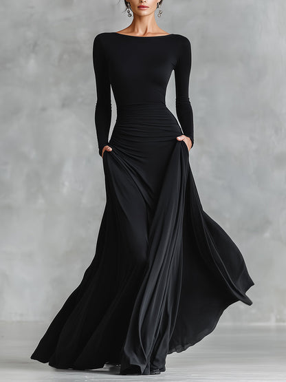 Vestido maxi feminino preto moderno de crepe com franzido e decote canoa