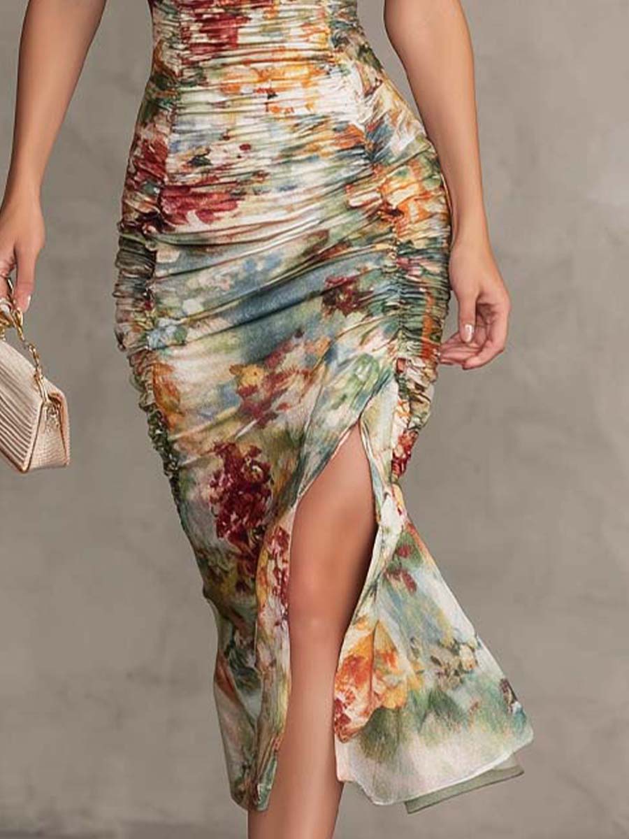 Retro und elegantes, gerafftes Midi-Kleid mit quadratischem Ausschnitt und Blumenmuster