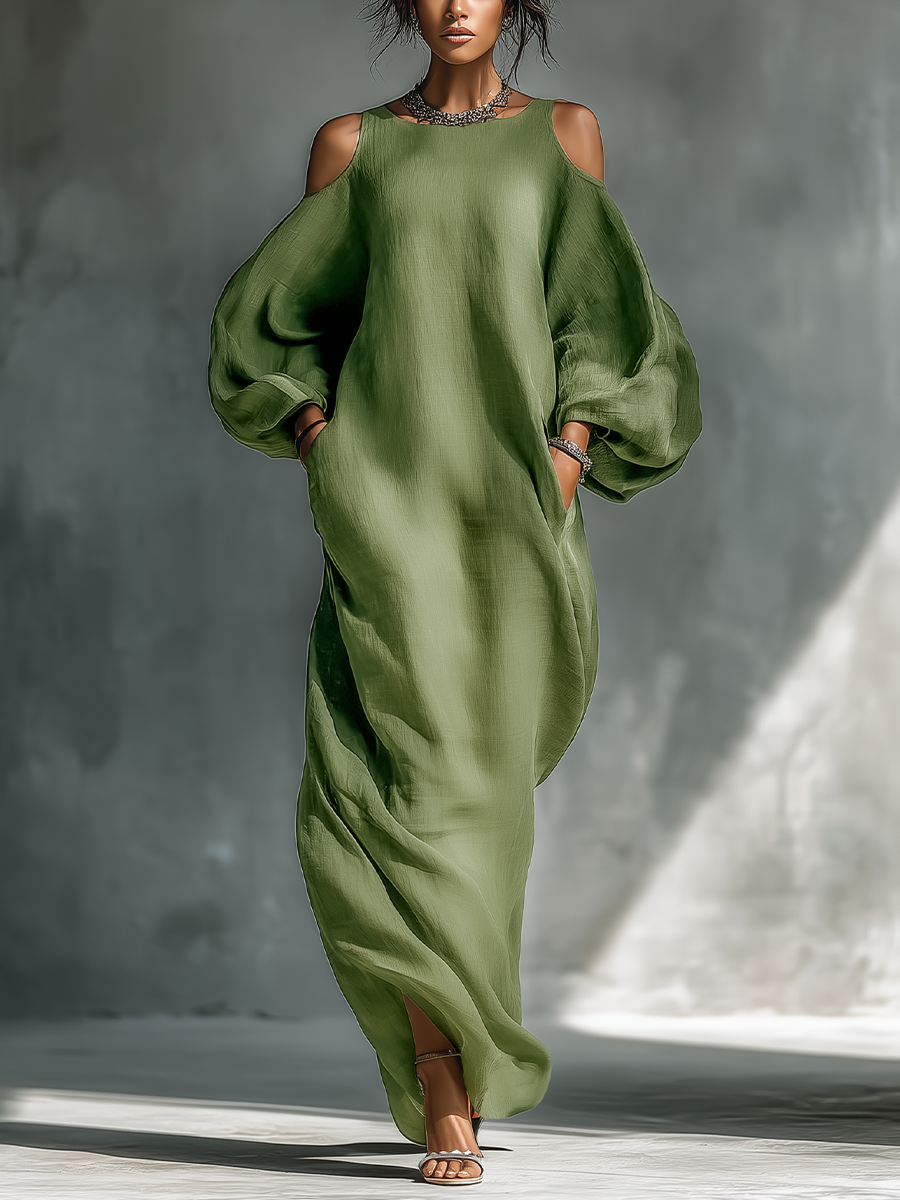 Vestido largo verde claro para mujer, con hombros descubiertos, mangas abullonadas extragrandes y bolsillos laterales