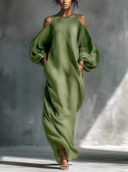 Vestido largo verde claro para mujer, con hombros descubiertos, mangas abullonadas extragrandes y bolsillos laterales