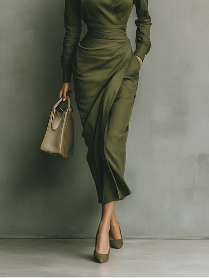 Vestido maxi feminino verde-oliva de algodão misto