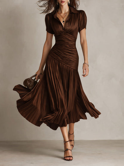 Retro Striped Satin Pleated Bodycon Midi Dress