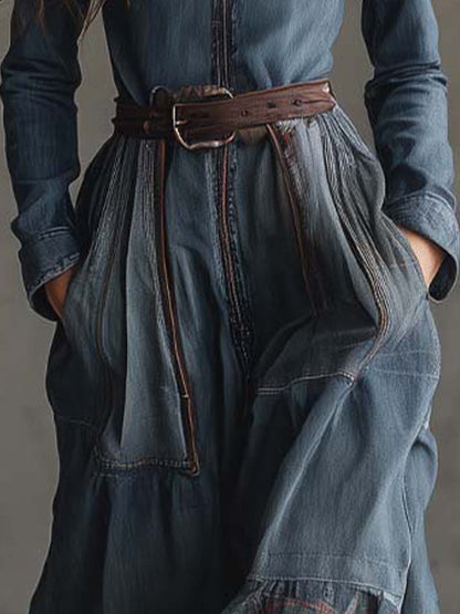 Joannah | Maxikleid aus Denim-Patchwork mit Karosaum