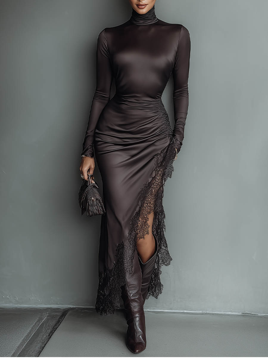 Vestido maxi feminino justo de cetim marrom-escuro, com renda e barra irregular
