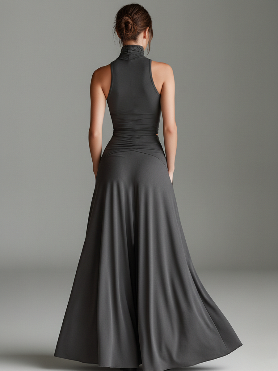 Women's Charcoal Gray Stretch Knit Dress With Turtleneck Halter & Cutout Waist, Timeless Minimalist Elegant Style Dress