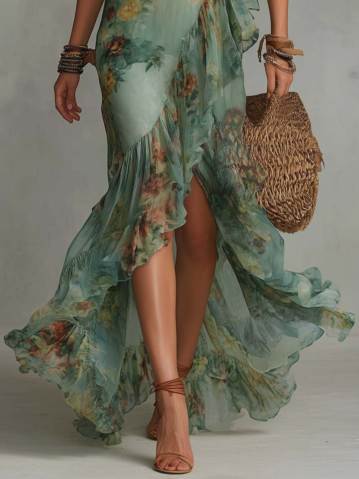 Retro romantisches langes Wickelkleid mit Blumenmuster