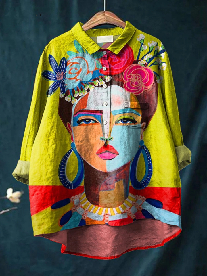 Amber | Camisa casual para mujer con retrato de Freda impreso en pintura al óleo