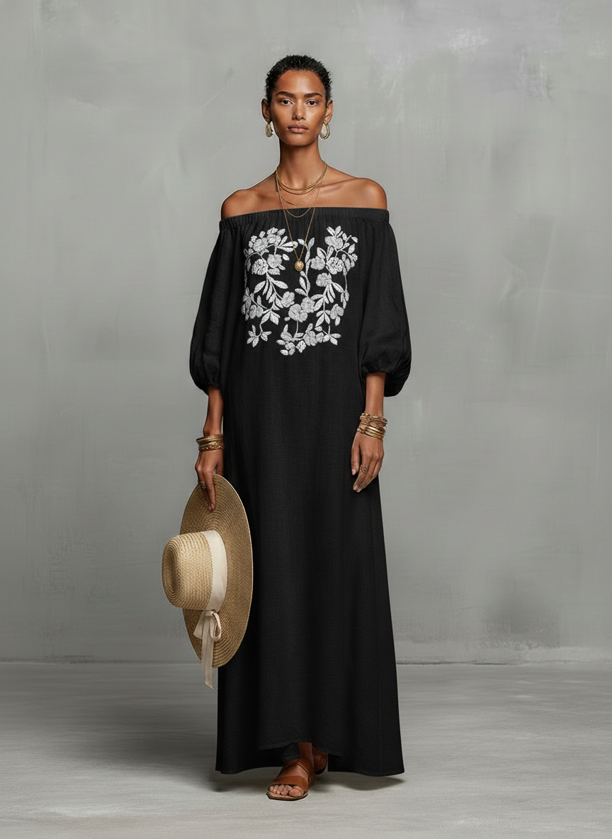Women's Minimalist Off-the-shoulder Three-quarter Sleeve Embroidered Maxi Dress