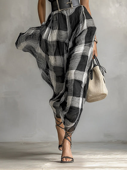 Women's Linen Blend Plaid V-neck Cap Sleeve Belt Maxi Dress