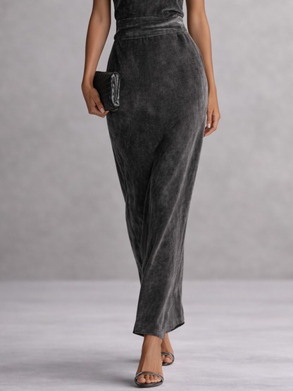Women's Grey Velvet Square Neck Spaghetti Strap High Waist Long Dress