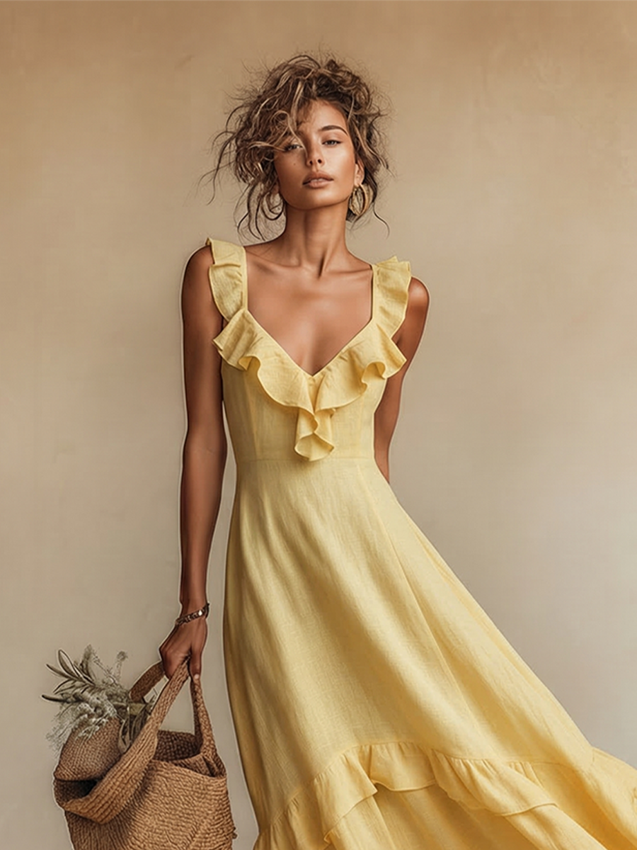 Gelbes Leinenkleid für Damen mit Volants am V-Ausschnitt und Saum – zeitloser Boho-Resort-Stil