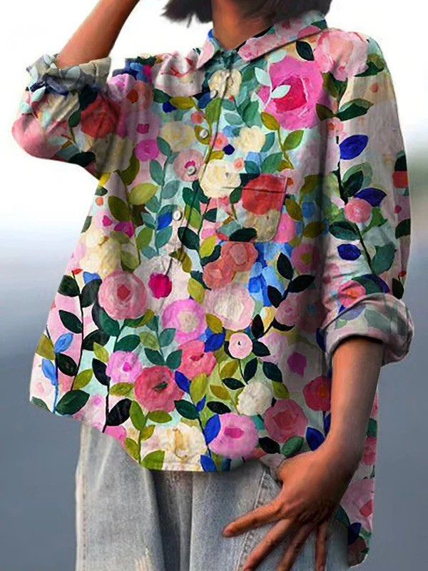 Leah | Camisa casual para mujer con estampado de jardín floral colorido de primavera