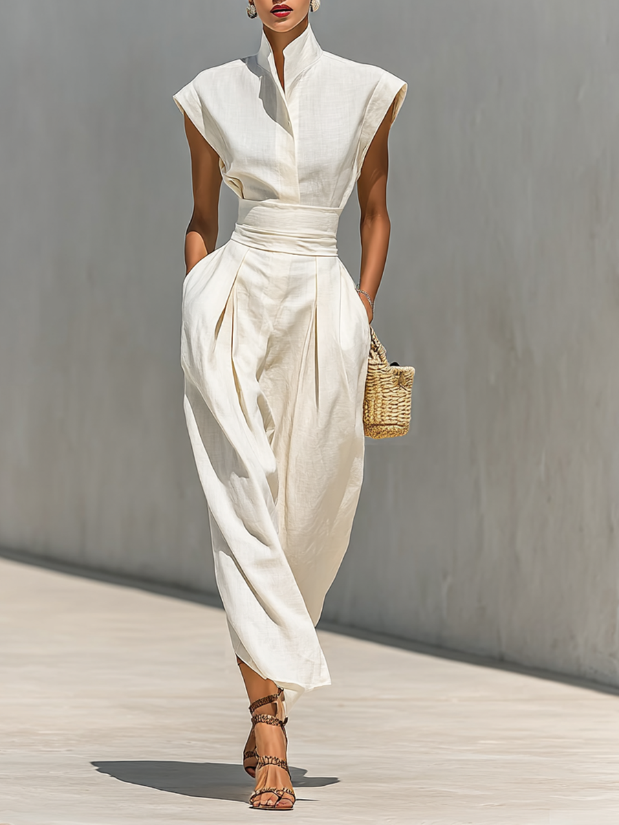 Vestido maxi feminino de algodão puro, com gola de lapela, mangas curtas e cintura marcada