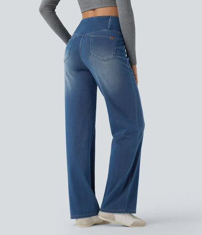 Jeans casual de pierna recta UltraStretch™ con bolsillos, cintura alta cruzada y control de abdomen