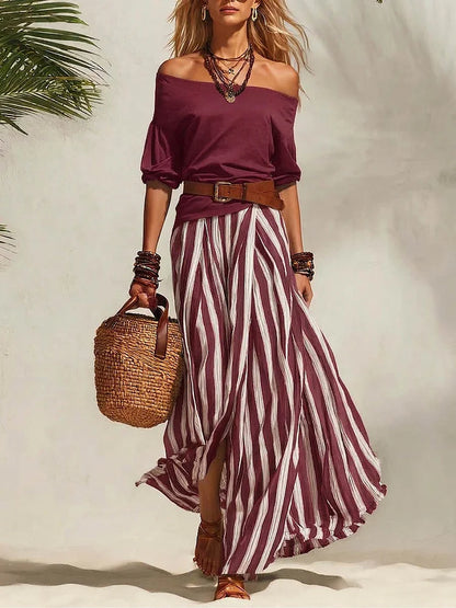 Conjunto de blusa de manga 3/4 con hombros descubiertos y falda de cintura alta