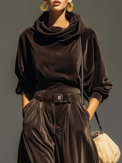 Lovely | Vintage-braunes Samt-Hoodie- und locker sitzendes Hosen-Set (inklusive Gürtel)