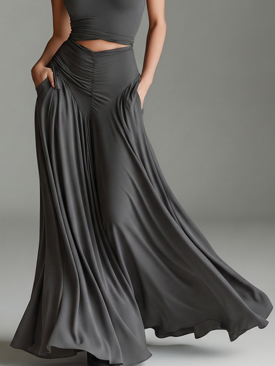 Women's Charcoal Gray Stretch Knit Dress With Turtleneck Halter & Cutout Waist, Timeless Minimalist Elegant Style Dress