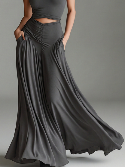 Women's Charcoal Gray Stretch Knit Dress With Turtleneck Halter & Cutout Waist, Timeless Minimalist Elegant Style Dress
