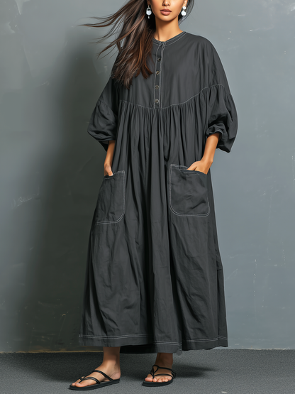 Lässiges langes Damenkleid in Dunkelgrau aus Webstoff mit Rundhalsausschnitt, halblangen Ärmeln und lockerer Passform
