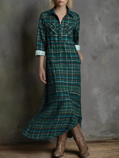 Maxikleid für Damen mit Karomuster und langen Ärmeln