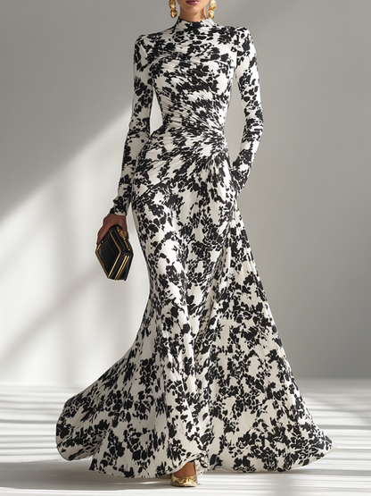 Women's Black And White Patterned Stretch Blend Wrap Dress