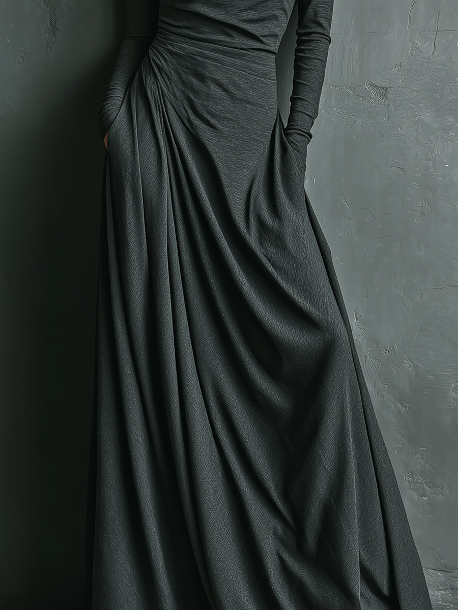 Vestido largo drapeado elegante de cuello alto para mujer, en color gris carbón, de mezcla elástica de poliéster y algodón