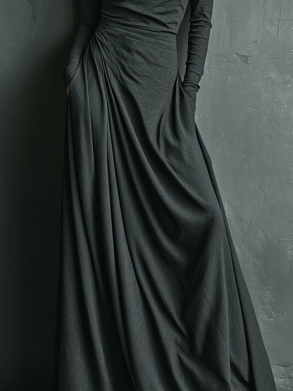 Vestido largo drapeado elegante de cuello alto para mujer, en color gris carbón, de mezcla elástica de poliéster y algodón
