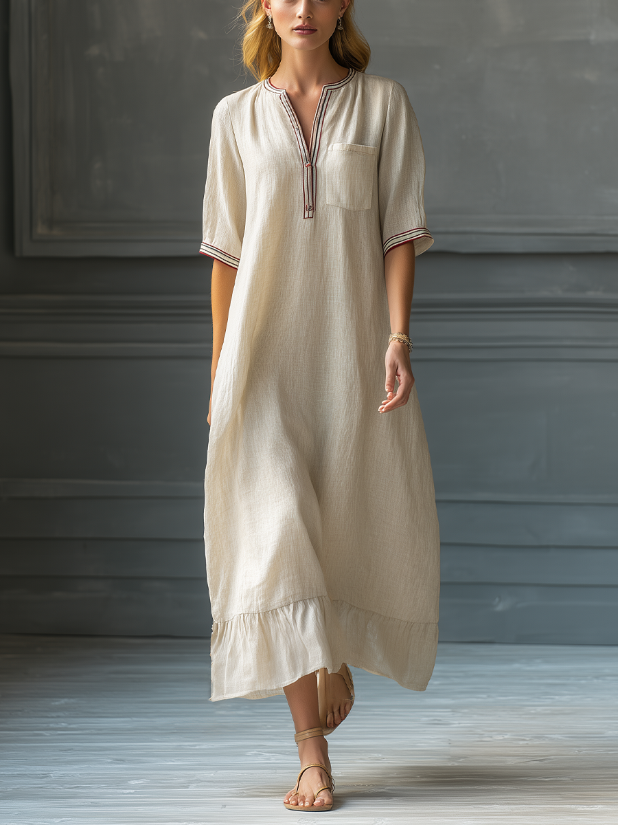 Vestido largo de lino y algodón beige para mujer, con ribete en contraste, escote en V y bajo con volantes