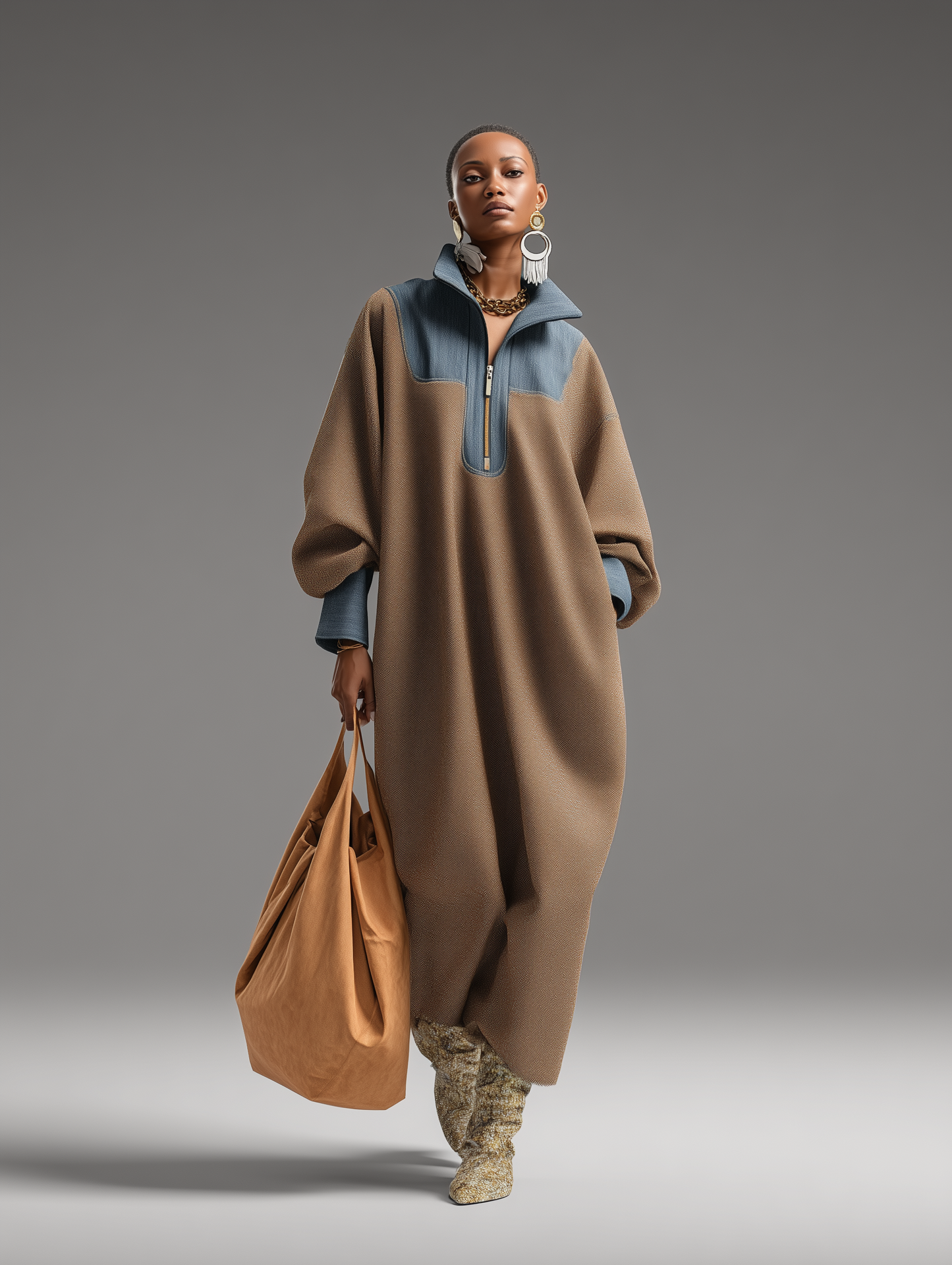 Damen-Langkleid aus braunem, doppelseitig gebürstetem Stoff und blauem Denim mit Stehkragen und lockerem Schnitt