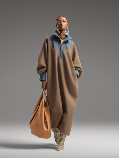 Damen-Langkleid aus braunem, doppelseitig gebürstetem Stoff und blauem Denim mit Stehkragen und lockerem Schnitt