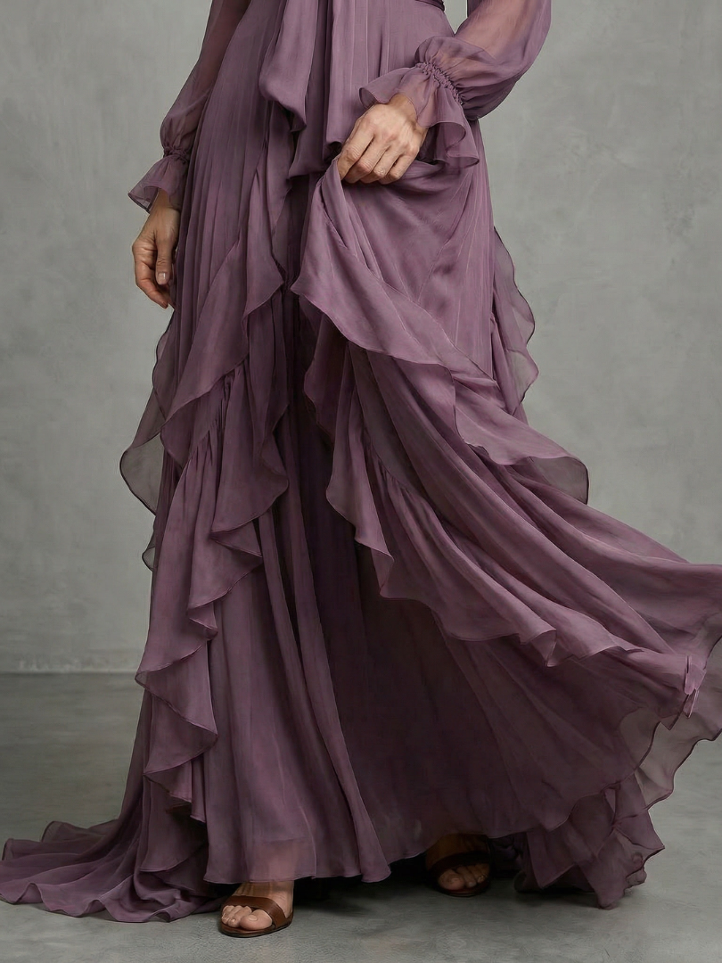 Demetria | Vestido maxi de volantes con cuello atado y capas