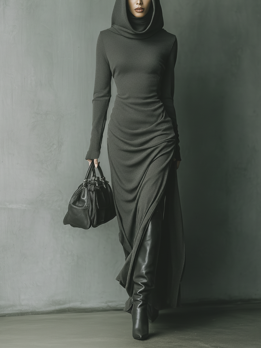 Vestido longo feminino de malha cinza-escuro com capuz e alta elasticidade