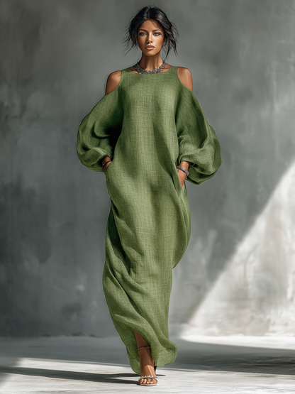 Vestido largo verde claro para mujer, con hombros descubiertos, mangas abullonadas extragrandes y bolsillos laterales