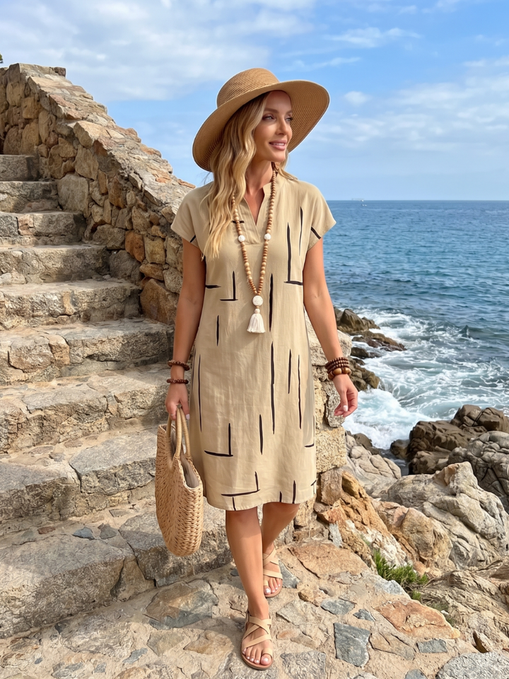 Adriana | Kurzärmeliges Kleid mit abstraktem Muster bis zum Knie