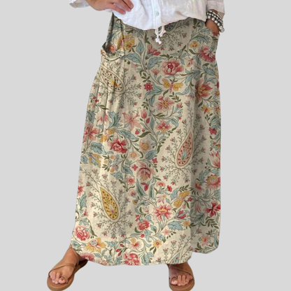 Saia feminina de linho com bolsos e estampa floral vintage artística