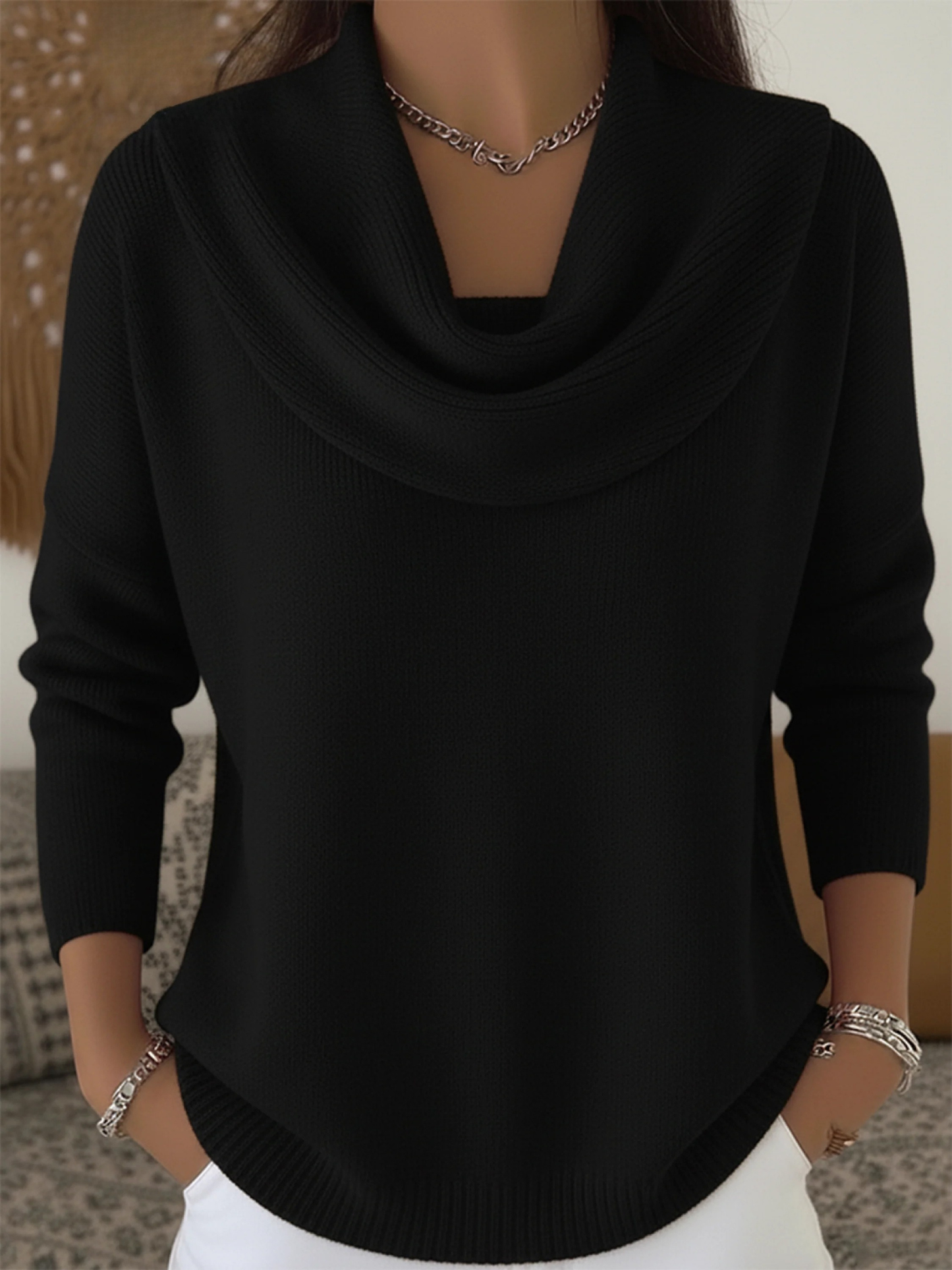 Women's Cowl Neck Knit Sweater Long Sleeve Merino Wool Jumper Pullover Tops