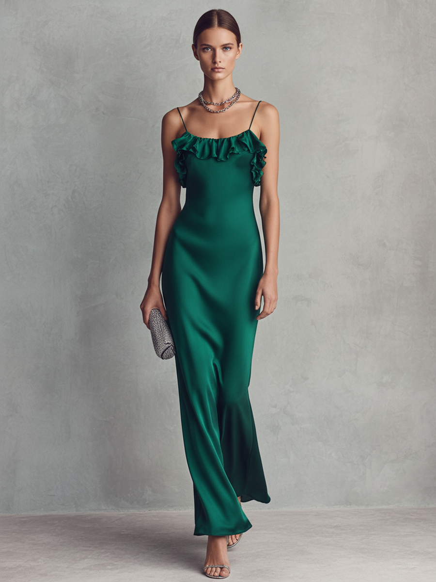 Vestido largo de satén elástico verde esmeralda para mujer, con cuello de volantes y tirantes finos.